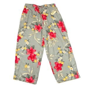 NWT Caribbean Joe Floral Crop Pants Sage Green Pink Hibiscus Rayon Size Large